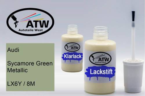 Audi, Sycamore Green Metallic, LX6Y / 8M: 20ml Lackstift + 20ml Klarlack - Set, von ATW Autoteile West.